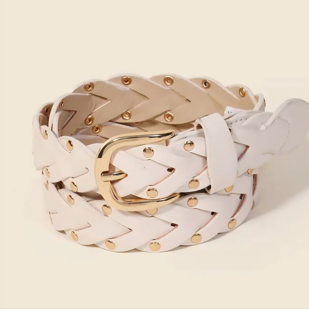 White Braided Faux Leather Belt with Gold Studs